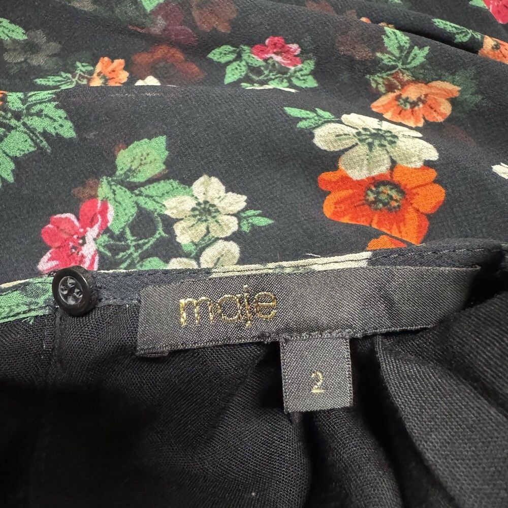 Maje Rancho Ruffle Dress 2 Black Floral Chiffon Midi Whimsigoth Cottagecore - Picture 8 of 10